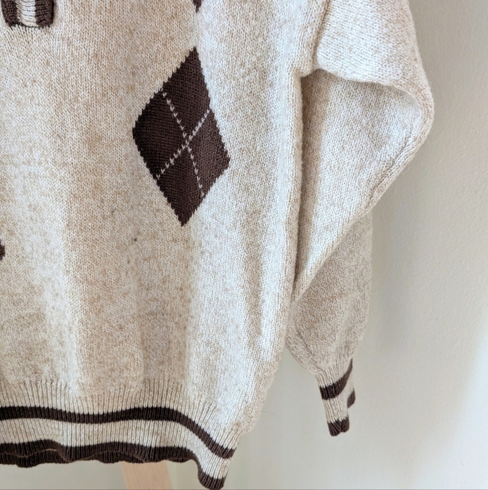 Vintage Geometric Argyle Patterned 1/4 Button Up Collared Sweater In Ivory/Brown - Picture 4 of 8